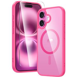 FNTCASE for iPhone 16 Case Clear: Magnetic Phone Cases Compatible with Magsafe Slim Anti Yellowing Military Grade Drop Protection Rugged Protective Transparent Cell Cover (B-Hot Pink Magnetic)