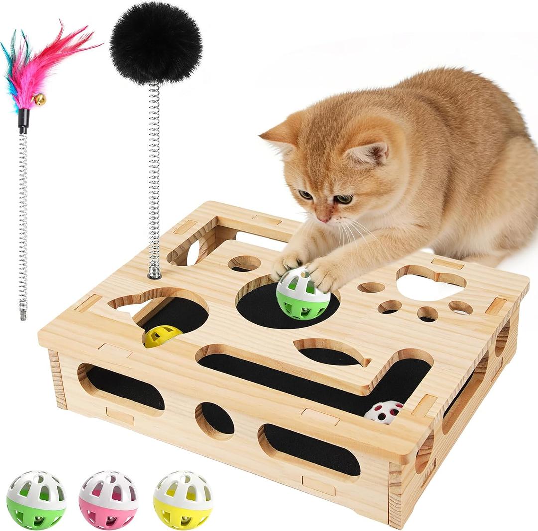 Interactive Wooden Cat Puzzle Toy for Indoor Cats Felt Maze Box with 3 Balls & 2 Cats Teasers, Cats Nail File Enrichment Box Hunting Exercise Toy for Kittens, Stimulating Cat Energy and Instincts
