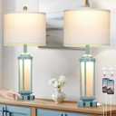 Farmhouse Table Lamps for Living Room, 27" Vintage Rustic Beside Lamp Set of 2 with USB A+C Charging Ports & AC Outlet, Retro Nightstand Lamp with Fabric Shade for Bedroom Entryway(4 Bulbs Included), Blue