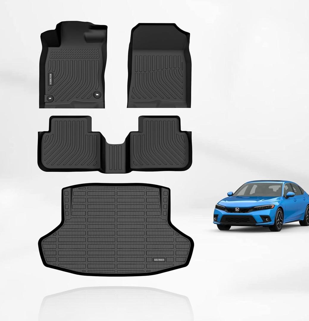KELCSEECS Floor Mats & Cargo Liner(Not for Hatchback) for 2025 2024 2023 2022 Civic Sedan Si(Include 2nd Row with USB Port) All Weather Car Mats Cargo Mat Floor Liners Trunk Mat Civic Trunk Liner