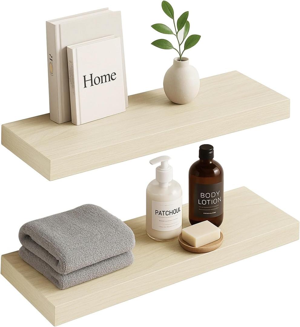 White Oak Floating Shelves for Wall, 24 in Wall Mounted Shelves Perfect for Bedroom, Bathroom, Living Room and Kitchen Decoration StorageSet of 2