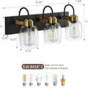 Black and Gold Glass Bathroom Vanity Light, 3-Lights Farmhouse Bathroom Vanity Lighting Fixtures Over Mirror, Vintage Rusitc Vanity Light Fixutres with Clear Glass Shade, 22 inch Wall Wall Sconces