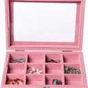 Frebeauty Jewelry Organizer Tray with Clear Lid,12 Grid Velvet Drawer Insert Jewelry Storage Box with Transparent lid Jewelry Display Case Store Showcase Jewelry Box Gift for Women(Pink,12 Grid)