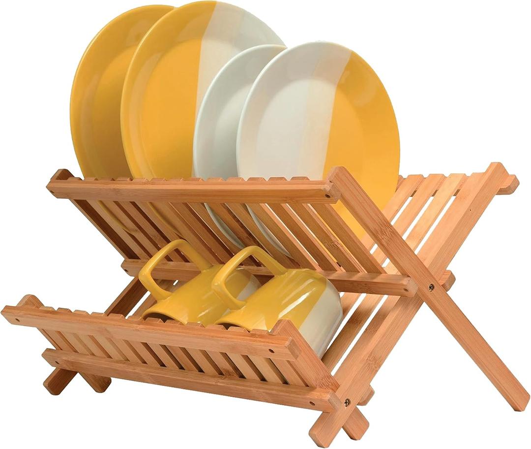 Dish Drying Rack - Collapsible 2-Tier Bamboo Dish Rack for Kitchen Counter, Wooden Dish Drainer with Foldable Space-Saving Design - Drying Rack for Dishes, Plates, and Cups