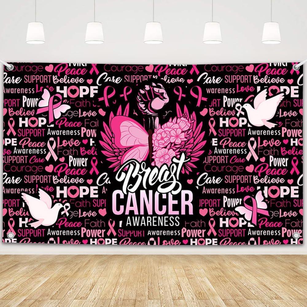 MEHOFOND Breast Cancer Awareness Black Pink Backdrop Pink Ribbon Party Banner Love Hope Faith Strength Home Office Party October Breast Cancer Month Decorations 5.9x3.6ft