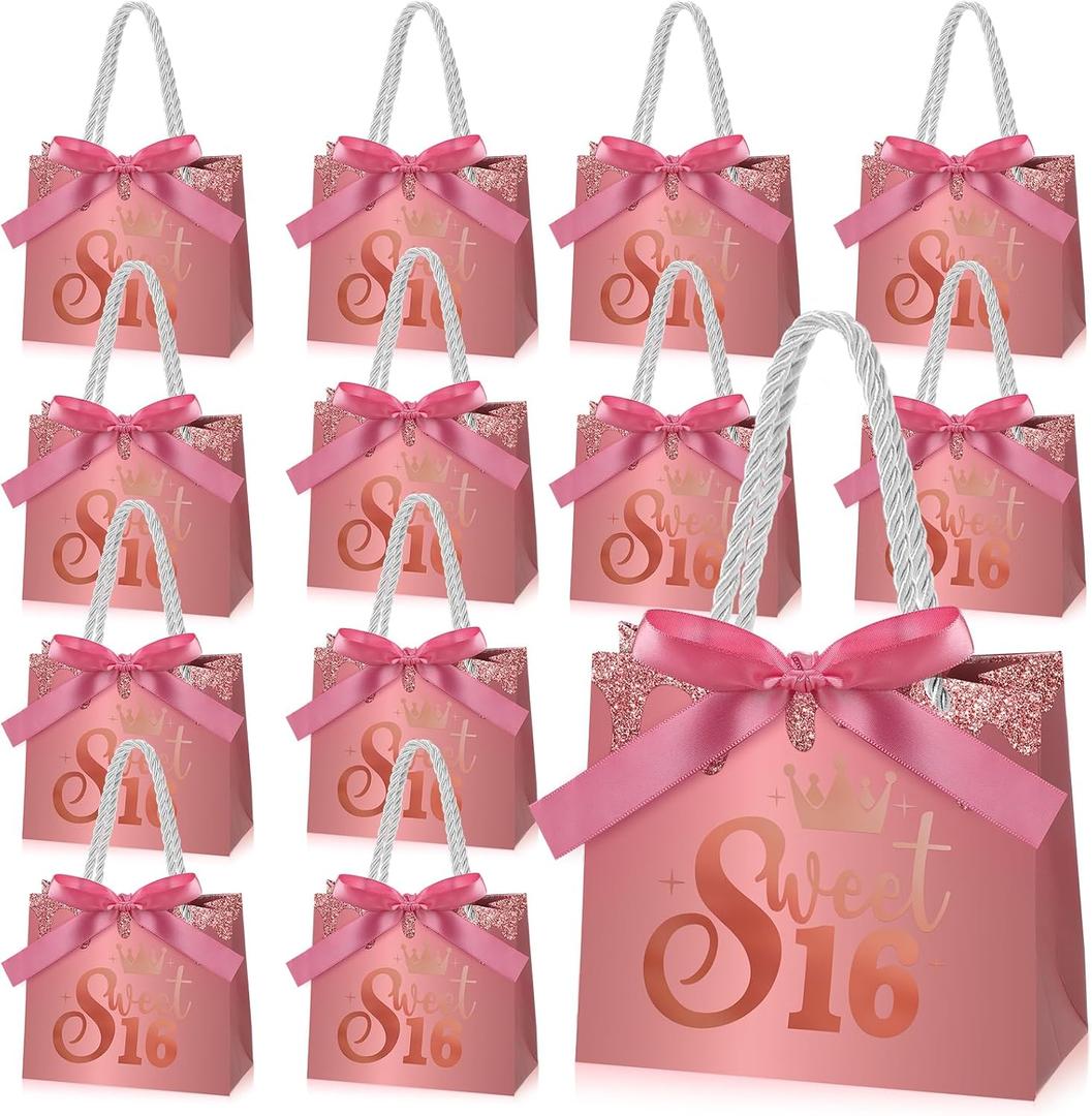 Spakon 25 Pcs Sweet 16 Party Favors for Guests 16 Years Birthday Party Gift Bags with Handles and Ribbons Sweet 16 Candy Bags Paper Gifts Bag for Birthday Decorations