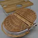 Picnic Basket with Foldable Champagne Table Kit, Handmade Wicker Basket with Lid Handle Portable Bamboo Tray Table for 2 Outdoor Camping Picnic Champagne Set Gift for Couples (Black and White)