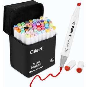 Caliart Alcohol Markers Brush Tip, 51 Colors Dual Tip Artists Coloring Markers Set Brush & Chisel, Permanent Alcohol Based Colored Sketch Pens, Art Supplies Gifts for Adults Drawing Illustration