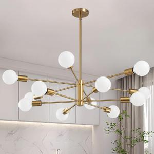 RUIYEY Modern Sputnik Chandeliers Light, 12-Light Gold Gold Dining Room Chandelier Over Table, Height Adjustable Industrial Semi Flush Mount Mid Century Chandelier for Kitchen Island Living Room