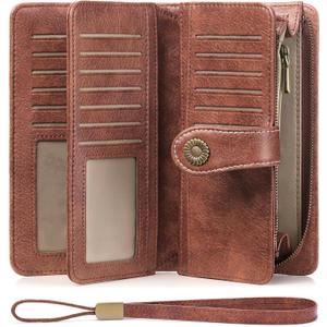 FALAN MULE Women Leather Wallet Large Capacity Bifold RFID Blocking Card Holder with Zipper Coin Pocket (BJ-Light Brown)