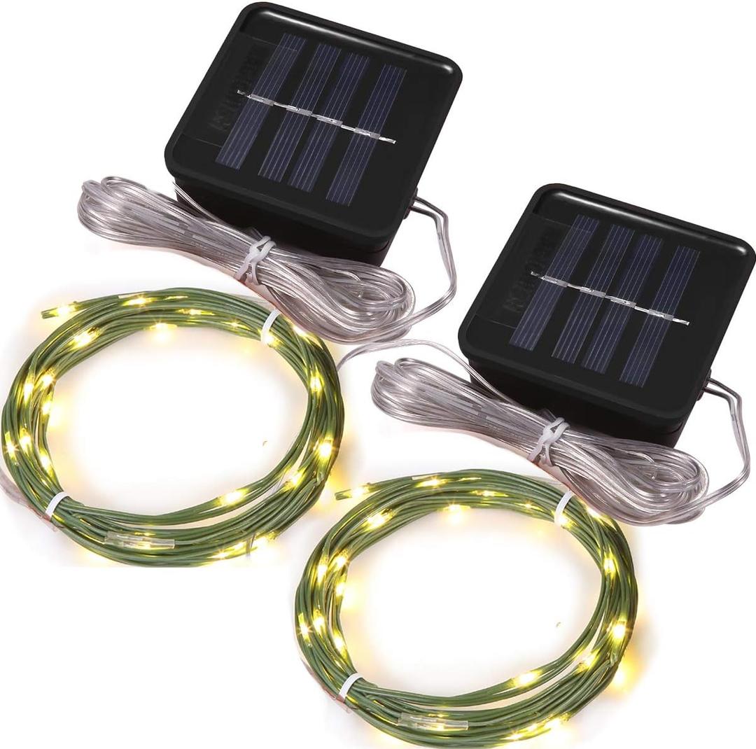 Short Mini Garden Lights Solar Powered Waterproof Fairy Lights Outdoor Garden String, Green Wire, Warm White,5m 50LEDs,2 Pack