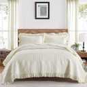 DJY Beige Cream King Set Ruffled Quilt Set 3 Pieces Reversible Ultrasonic Quilt with Classic Patchwork Pattern, Soft Microfiber Reversible Bedspread All Seasons Bedding Set 104"x90"