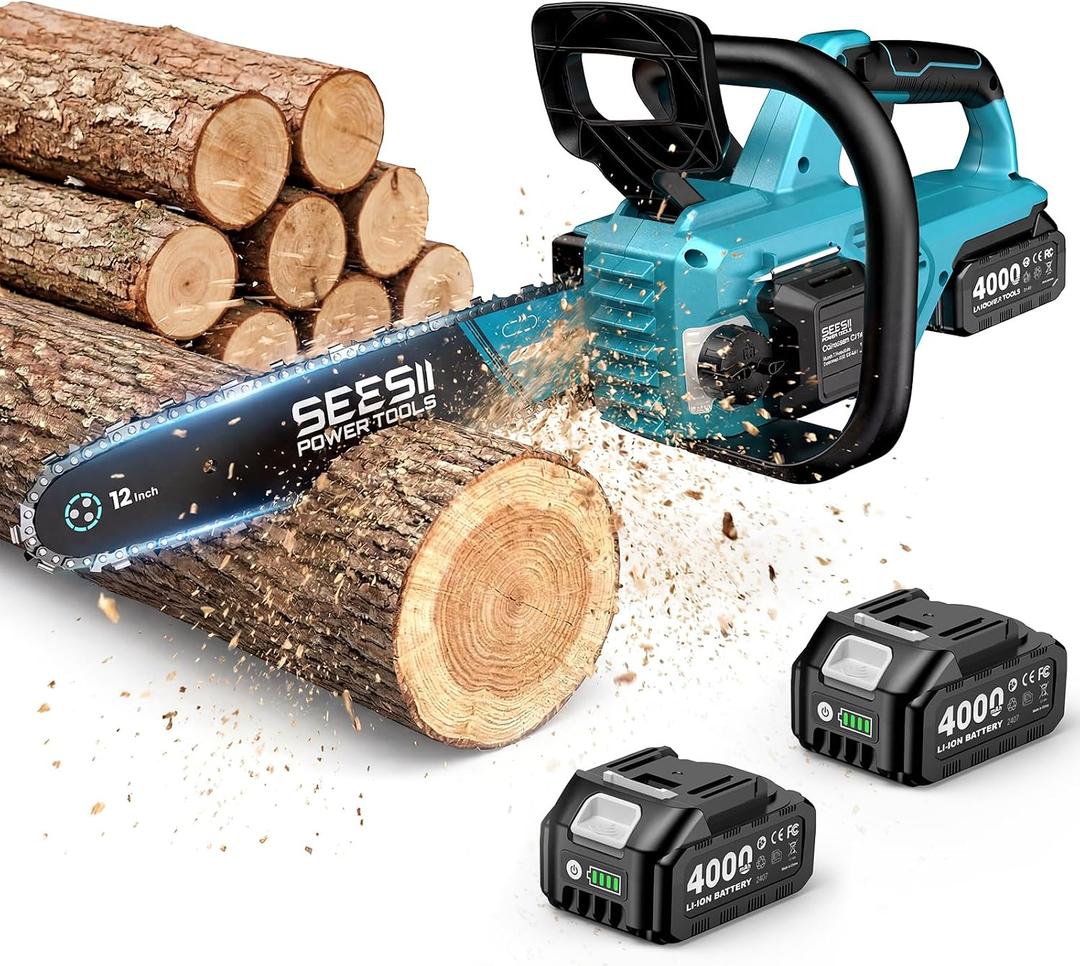 SEESII Battery Chainsaw Cordless 12-inch with 2×4000mAh Batteries
