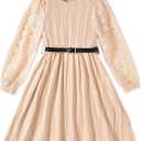 Floerns Girls Solid Swiss Dot Mesh Bishop Long Sleeve Crew Neck Knit Dress Apricot 12-13Y