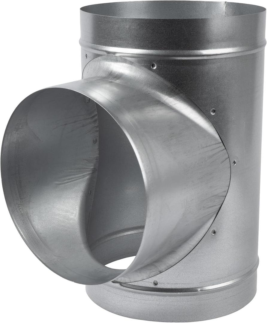 90 Degree 8 x 8 x 8 Inch T Shape Duct Splitter - Metal 3 Way Fitting Adapter - Galvanized Steel - Round Duct Hose Dryer Connector - for Home or Industrial HVAC Ventilation - Branch 8 Inch