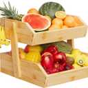 Bamboo 2 Tier Fruit Basket for Kitchen Counter, Large Capacity Fruit Storage Countertop, Fruit Holder, Wood Pantry Organizers and Storage, Kitchen Countertop Organizer With 2 Banana Hangers (Bamboo)