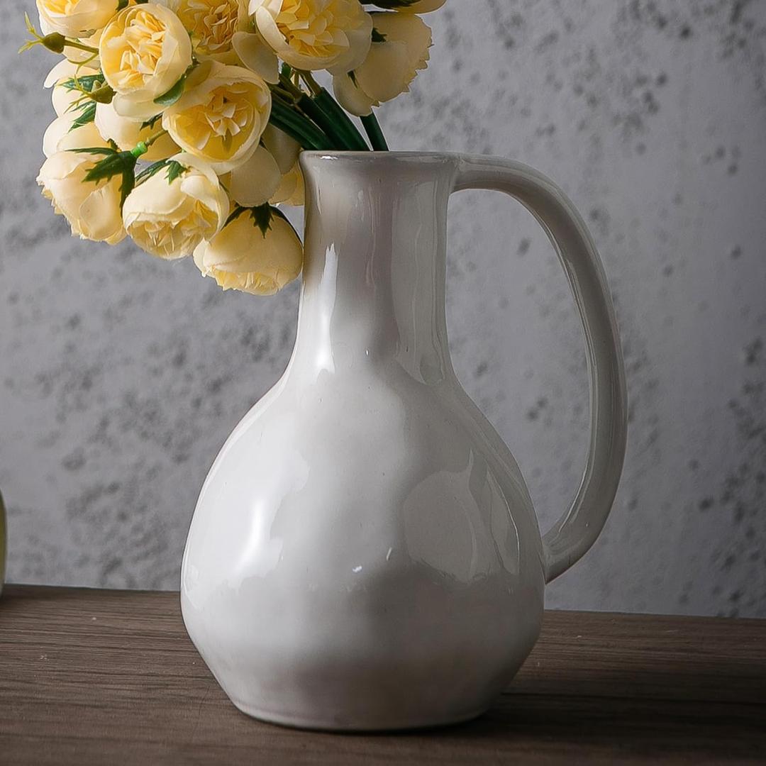 Tanvecle White Ceramic Vase with Big Handles, Modern Farmhouse Decor, Rustic Pottery for Flowers, Decorative Terracotta Centerpiece for Dining Table