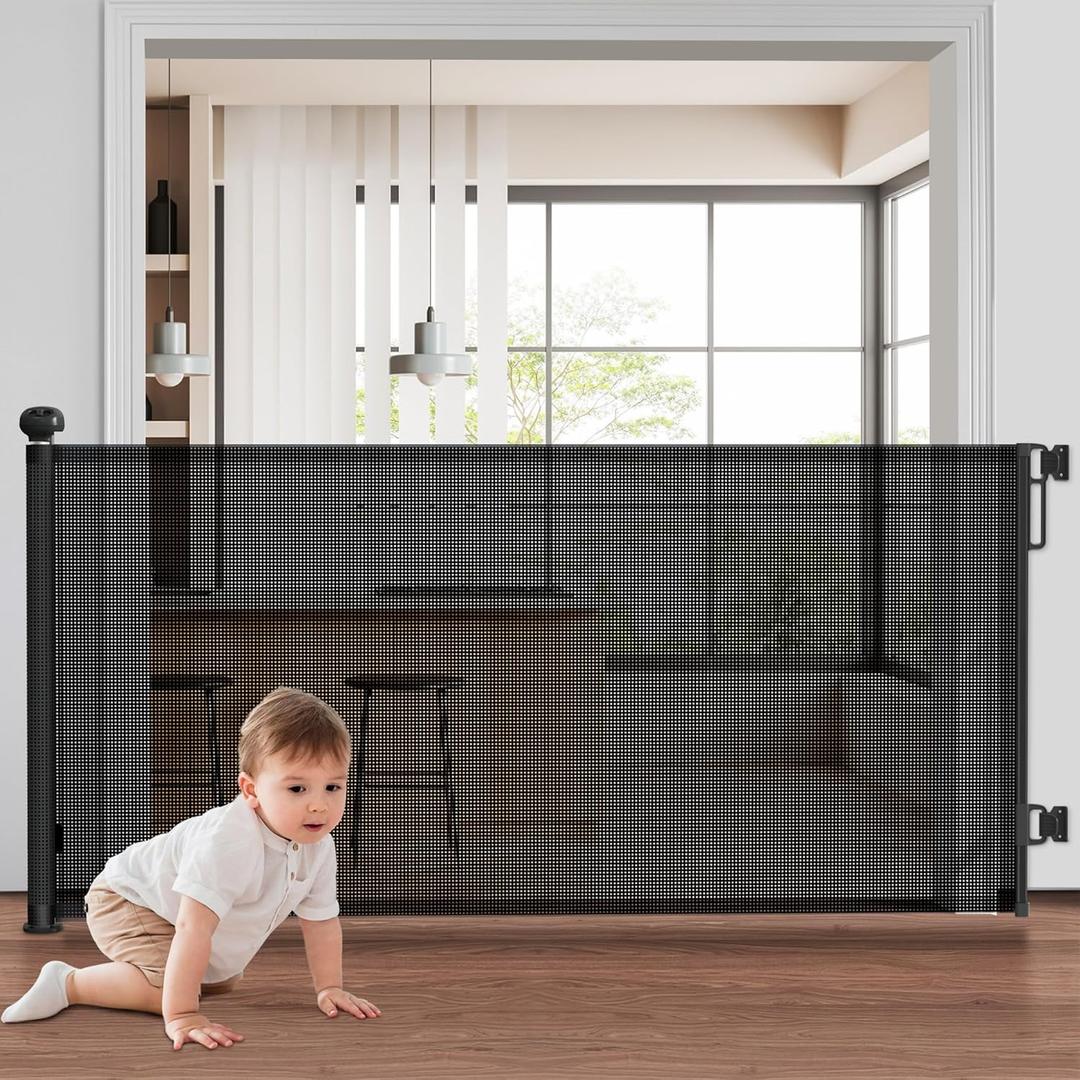 Retractable Baby Gates, 71" Wide Dog Gate, Mesh Pet Gate for Stairs, Door, Corridors, Bedrooms and Various Other Scenarios for Indoor or Outdoor (Black)