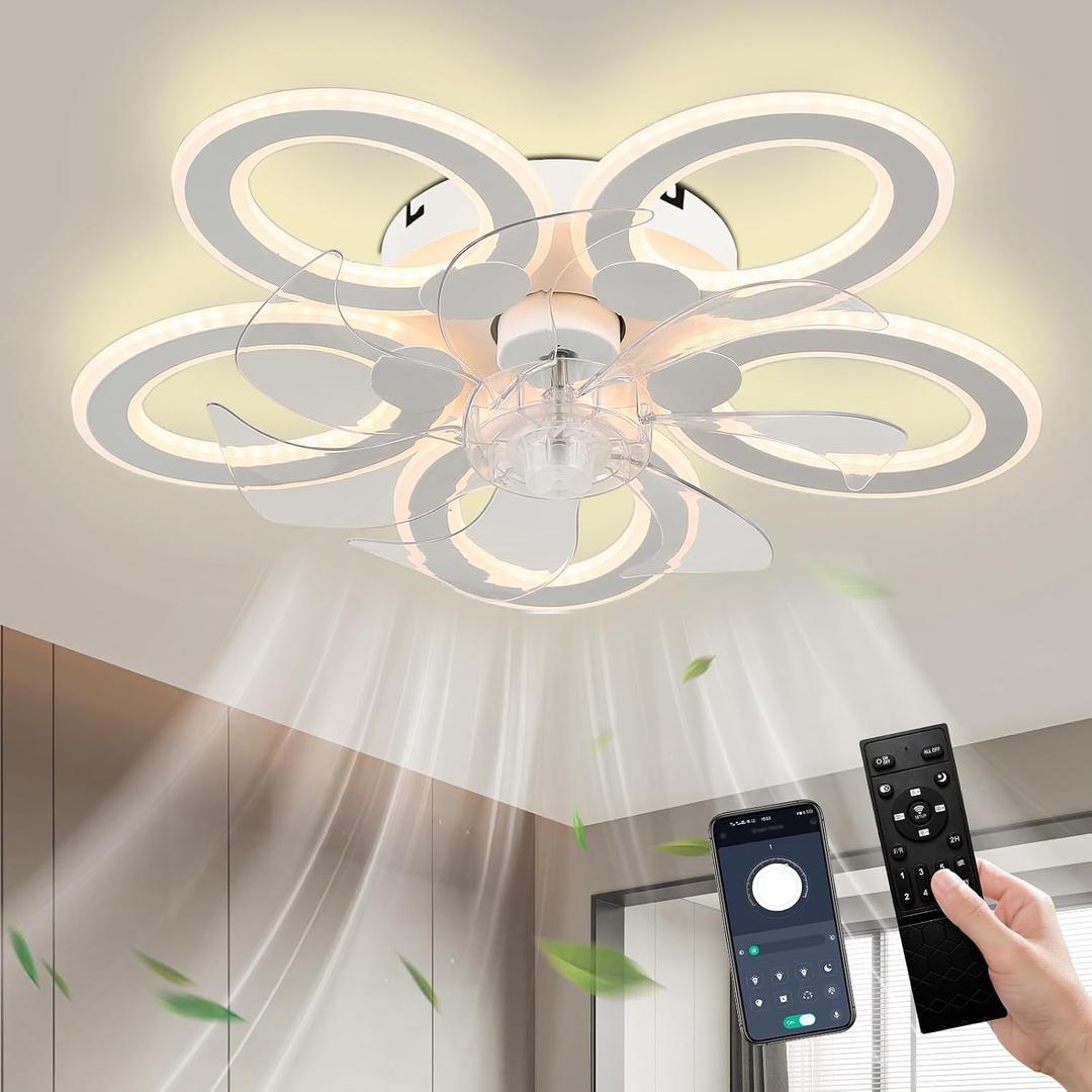 LED Ceiling Fan with Light Low Profile Ceiling Fan with Light White Flush Mount Fandelier 6 Speeds 3 Color Dimmable White Fan for Bedroom Kids Room Living Room