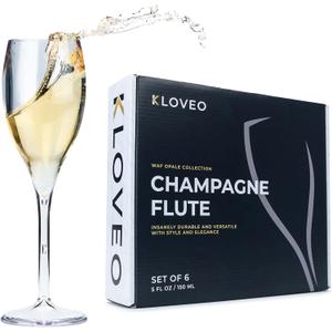 KLOVEO Plastic Champagne Flutes - Set of 6 - Made in Italy - Insanely Durable and Versatile Plastic Champagne Glasses - Reusable, Dishwasher Safe, Mimosa Glasses, White Wine - 5 oz, Clear