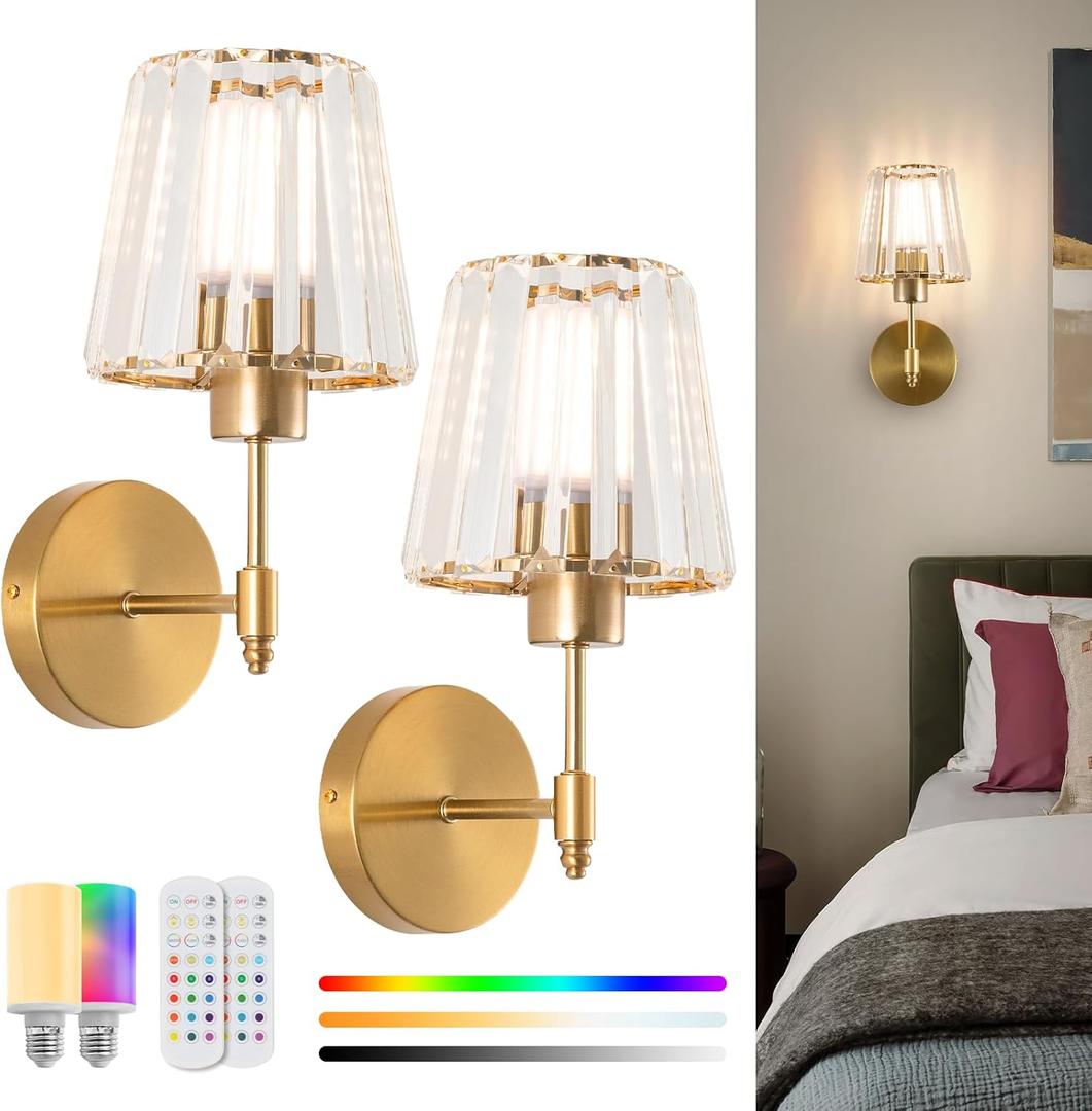 Battery Operated Crystal Wall Sconces Set of 2, Wireless Wall Lamp with RGB Rechargeable Dimmable Bulbs, Modern Wall Sconce with Remote for Bedroom, Living Room, Bulbs Included(Gold)