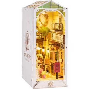 Rowood Book Nook Kits for Adults Bookshelf Insert Decor Alley 3D Wooden Puzzle Bookend DIY Craft Kits for Adults with LED Light - Sunshine Town