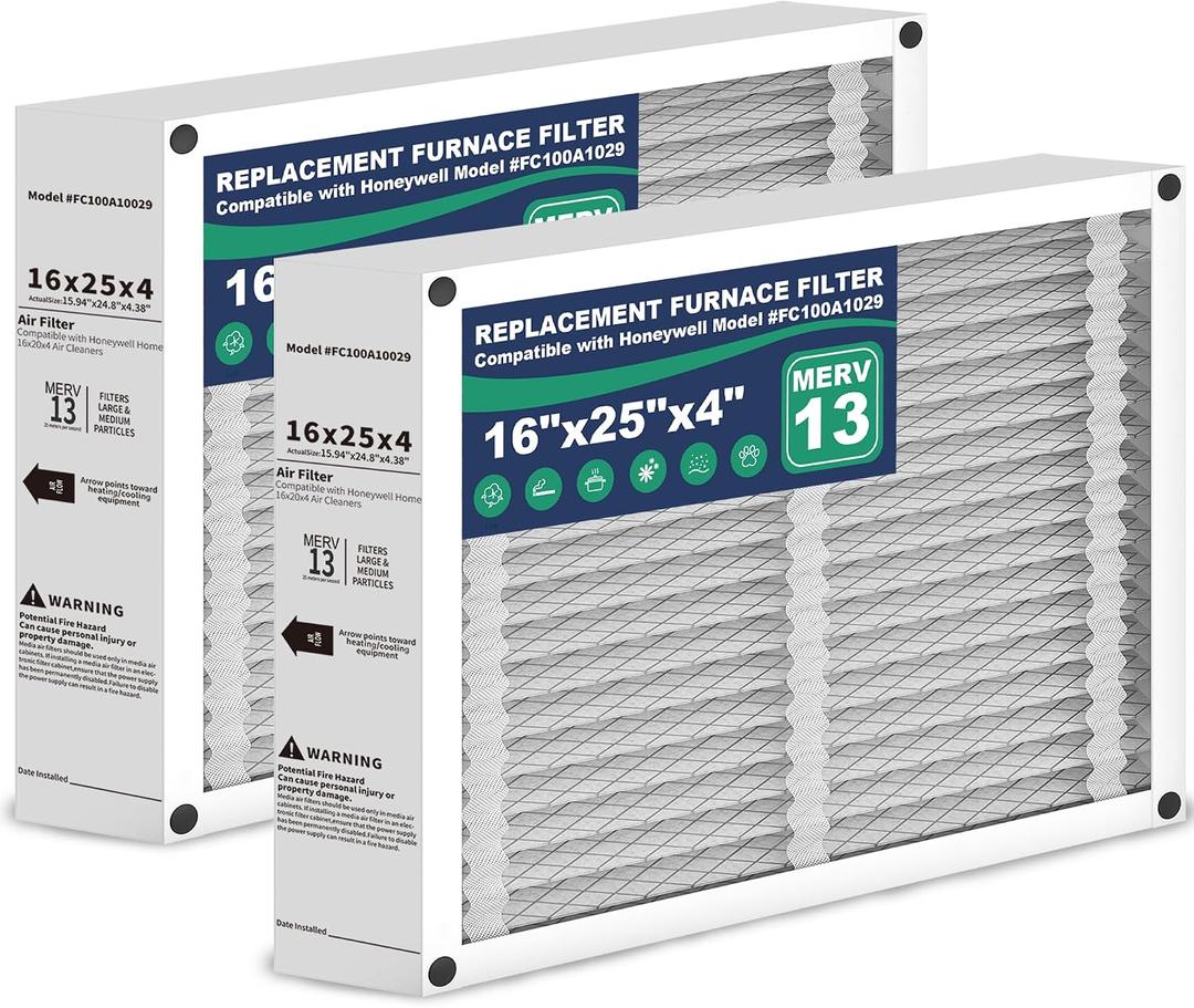 2Pack 16x25x4 AC Furnace Air Filter Compatible with Honeywell FC100A1029, MERV 13 HVAC Filter Replacement, (Actual Size:15.94 x 24.86 x4.38 inches)