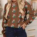Saodimallsu Womens Long Sleeve Floral Sweaters Fall Crew Neck Casual Loose Knitted Pullover Tops (Small, Brown)