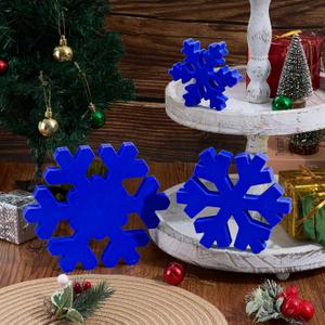 3 PCS Velvet Flocked Wooden Snowflake Decoration, Blue Christmas Snowflake Table Sign Winter Tabletop Centerpiece Wood Blocks for Indoor Xmas Winter Centerpieces for Tiered Tray Home Decor