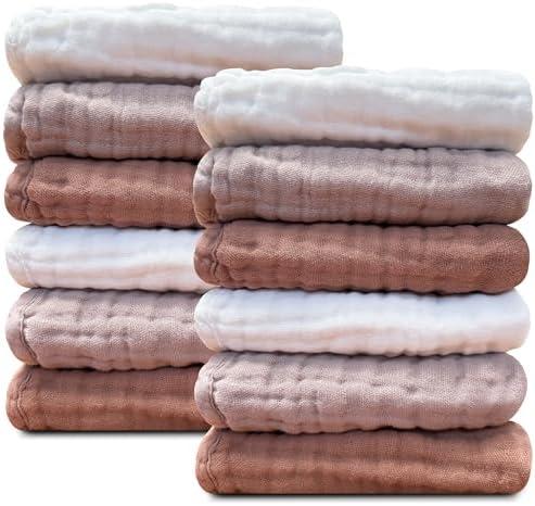 Sunny zzzZZ Baby Muslin Washcloths -100% Cotton Muslin Soft Absorbent Large Baby Bath Wash Cloths for Newborns Kids Girls and Boys -12 Pack, 12x12 Inches - White+Light Bean Paste Series