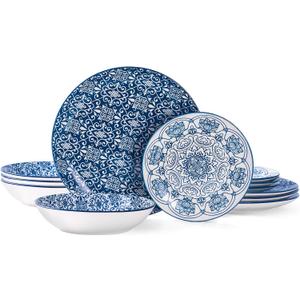 Bestone Porcelain Dinnerware Sets Service for 4, 12 pcs Hand drawn Plates and Bowls Sets, Handmade Ceramic Dish Set, Chip Resistant Modern Plate Set, Dishwasher/Microwave SafeVintage Blue