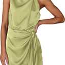 PRETTYGARDEN Women's Short Formal Satin Dress Summer Sleeveless Mock Neck Tie Waist Cocktail Party Dresses (Tender Green, X-Large)