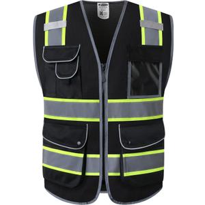 JKSafety 9 Pockets High Visibility Zipper Front MESH Black Safety Vest | Black with Dual Tone High Reflective Strips | ANSI/ISEA Standards (100-Black, M)