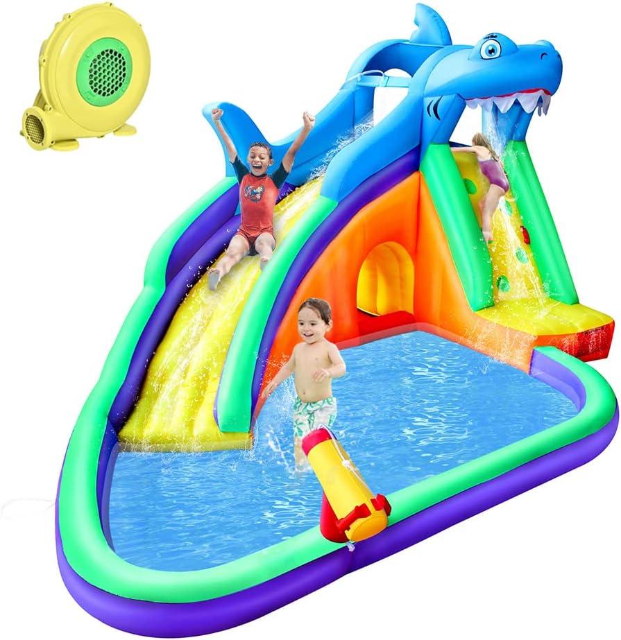 BESTPARTY Inflatable Kids Water Shark Slide, Pool Water Slide for Toddler, Bouncy Jumper, Splash Park for Outdoor Fun with Blower