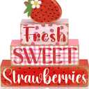 4 Pcs Strawberry Table Decorations Strawberry Table Centerpiece Farmhouse Fresh Sweet Wooden Sign Summer Tiered Tray Decor Books Stack Signs Block for Coffee Home Office Decorations Shelf