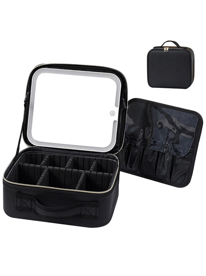 Travel Makeup Bag With LED Mirror, Cosmetic Train Case with Light up Mirror, Portable Makeup Artist Organizer Bag with Adjustable Dividers, Makeup Brush Holder Storage