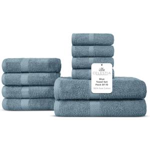 100% Cotton Bath Towel Set of 10-2 Bath Towels, 4 Hand Towels, 4 Wash Cloths, Sustainable, Soft, Highly Absorbent, Combed Cotton 10 Piece Set for Hotels, Spa, Bathroom, Dorm, Blue