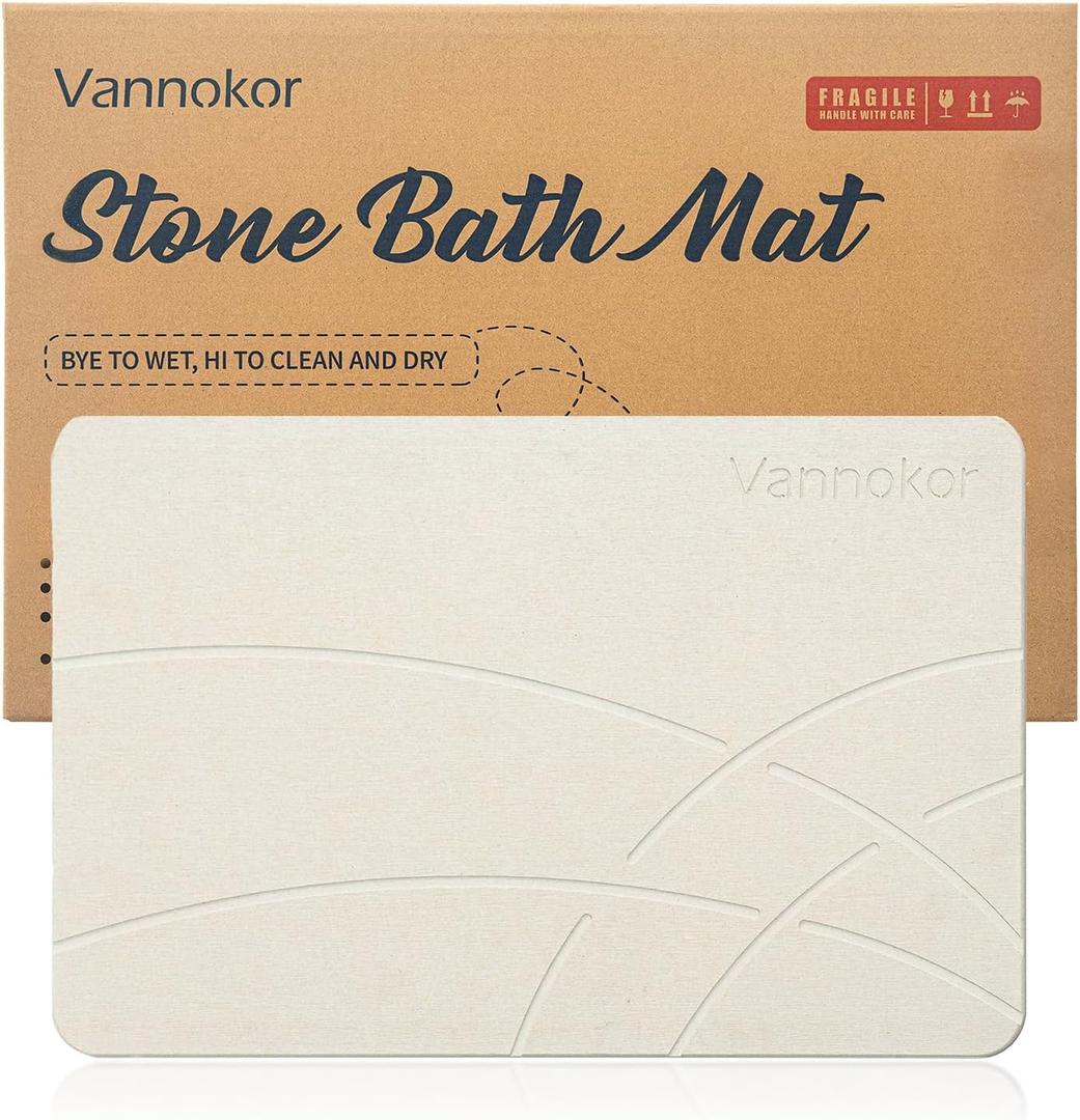 Vannokor Stone Bath Mat, Diatomaceous Earth Shower Mat Non Slip, Stone Bath Mats for Bathroom Quick Dry, Easy to Clean. (23.6"x15.4" Grayish White)