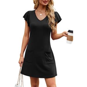 Summer Dresses for Women 2025 Casual V Neck Flutter Short Sleeve Mini Dress Beach T Shirt Sundress with Pockets (Black, L)
