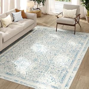 jinchan 5x7 Area Rugs Machine Washable Vintage Floral Throw Rug for Living Room Soft Ultra-Thin Low Pile Non-Slip Carpet for Kitchen, Bedroom, Dining Room, Nursery (5x7ft, Blue)