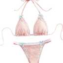 Milumia Women's Lace Trim Bow Tie Bikini Set Triangle Halter Cheeky 2 Piece Swimsuit (Pink, Small)