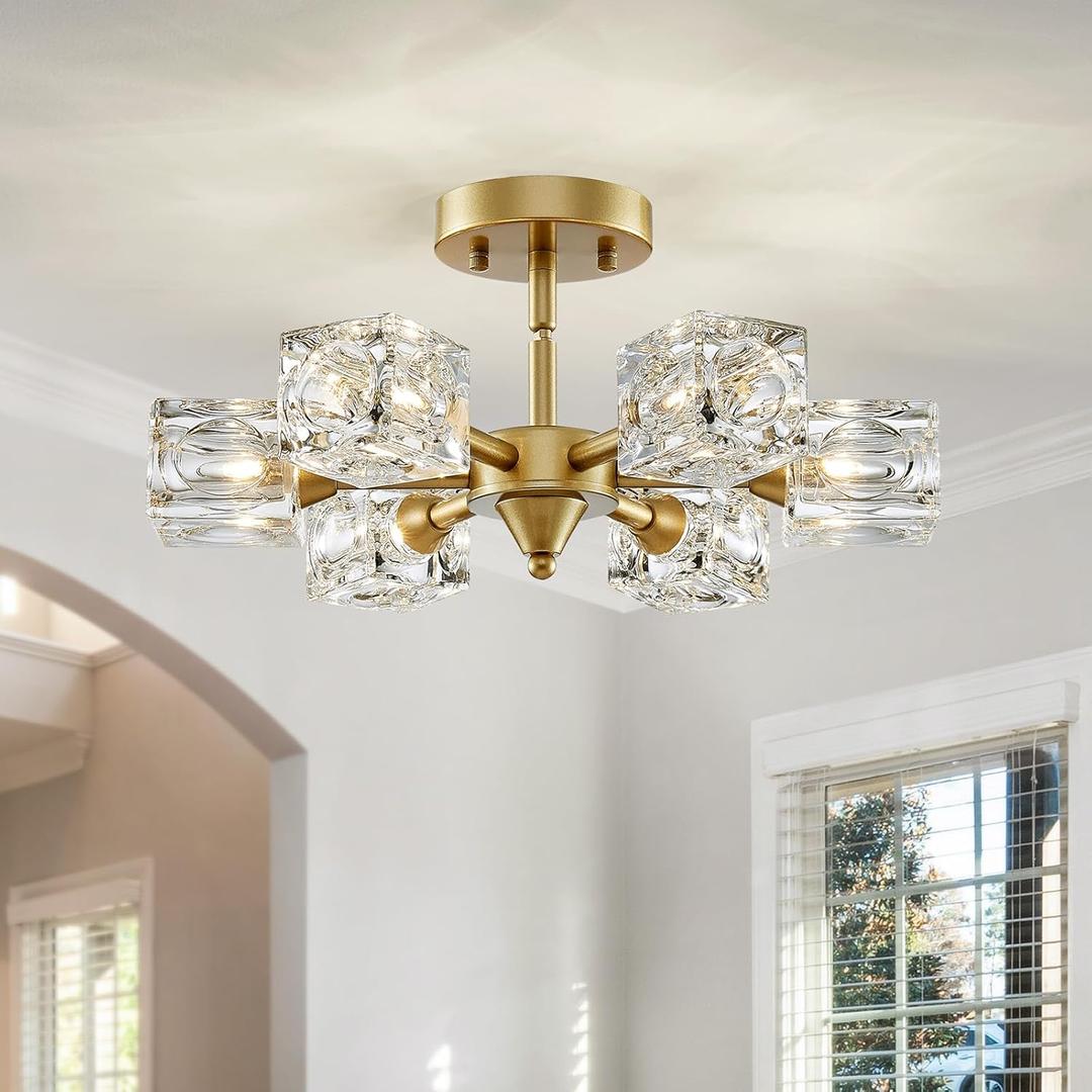 XINGQI 16.9" Semi Flush Mount Ceiling Light Fixture Modern 6 Lights Antique Gold Chandelier, Sputnik Chandeliers Fashion Lighting for Bedroom Dining Room Farmhouse Kitchen Office