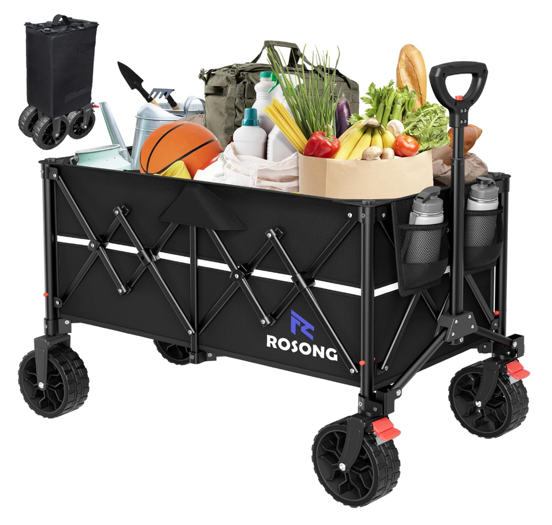 ROSONG Collapsible Wagon Cart with Wheels Foldable - Folding Utility Heavy Duty Wagons Carts for Grocery Sports Garden Shopping Camping Wheelbarrows (Black, 150L)