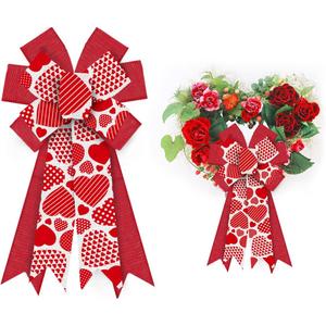ALIBBON Large Valentine's Day Bows for Wreaths, Valentines Wreath Bows, Red Heart Bows, Stripe Heart Red Bows for Front Door, Valentines Decor, Burlap Bows for Crafts Decorations