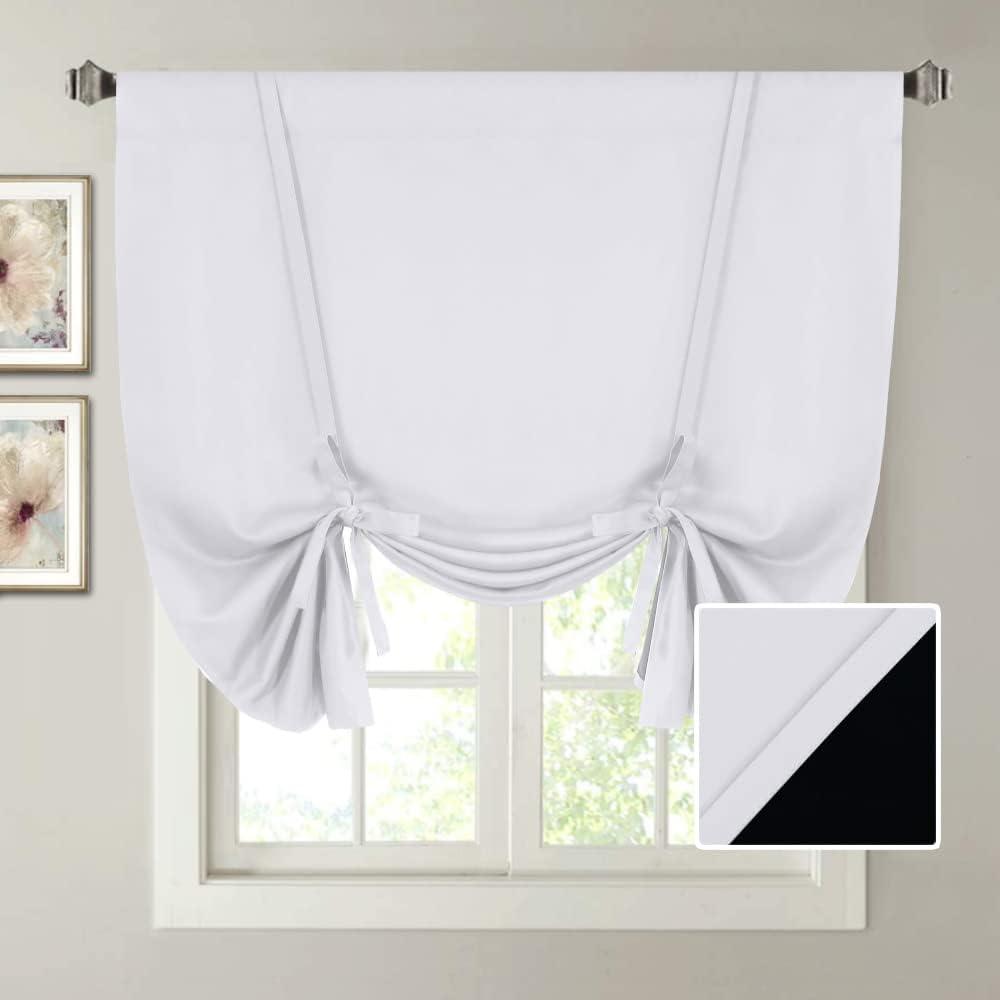 H.VERSAILTEX 100% Blackout Tie Up Curtains for Bedroom Thermal Insulated Kitchen Curtains 45 inches Long Rod Pocket Blackout Curtains for Small Window / Bathroom with Black Liner, White 42"W x 45"L