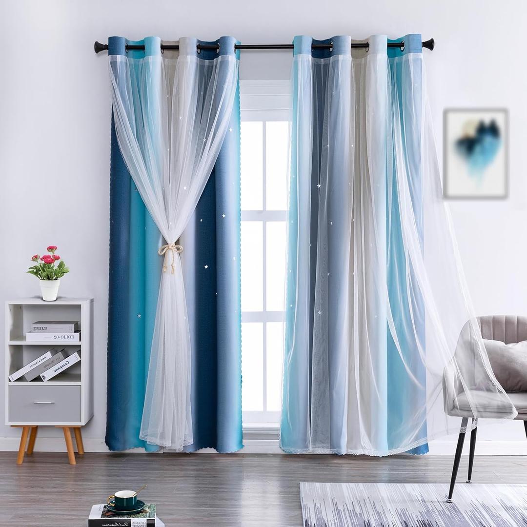 Anytime Dream Star Blackout Curtains for Kids Rooms Girl Princess Curtain for Daughter Bedroom Window (Blue, 1 Panel, W52 x L63inch)