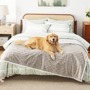 Bedsure Waterproof Dog Blankets for Bed - Pet Blanket for Bed Couch Protector Washable, Jacquard Coral Fleece Cat Throw Blanket, Soft Plush Reversible Furniture Protection, Queen, 86x90, Pale Oak