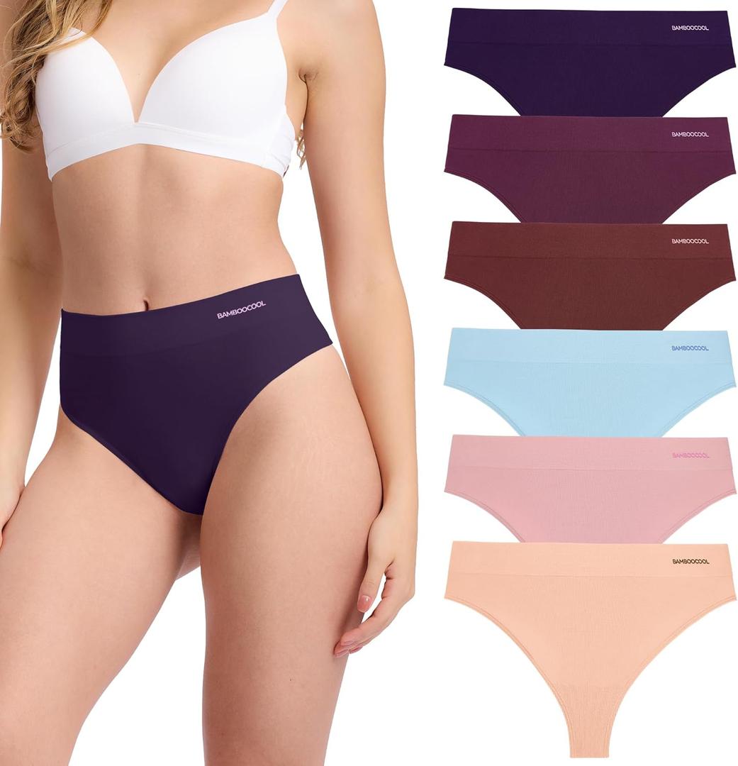 BAMBOO COOL Women's Thongs Seamless Moisture-Wicking Breathable Underwear Stretchy Panties Tagless 6 Pack