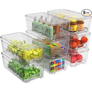 8 Pack Stackable Storage Drawers, Clear Storage Bins with lids and 4 Sets of Partitions, Acrylic Pull Out Drawers Organizer Storage for Home, Office, kitchen, School, Pantry Organizer
