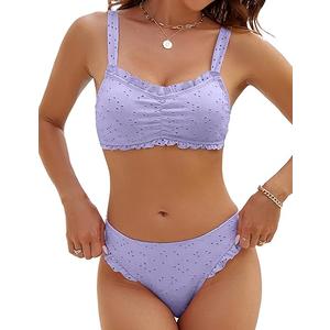Blooming Jelly Womens Bikini Set Two Piece Bandeau Bathing Suits Cheeky Mid Rise Ruffle High Cut Eyelet Swimsuit (XL,Purple)